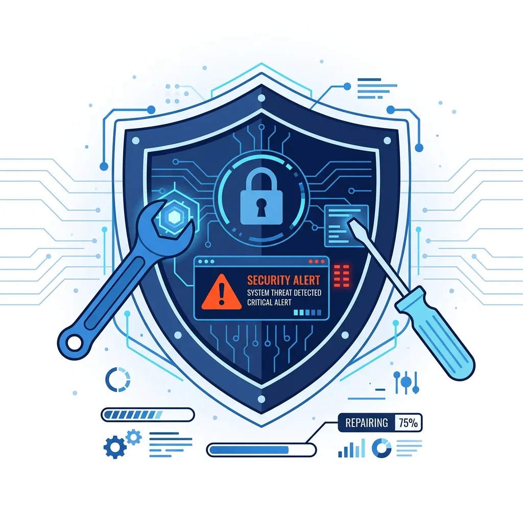 Security shield illustration with tools and exception warnings