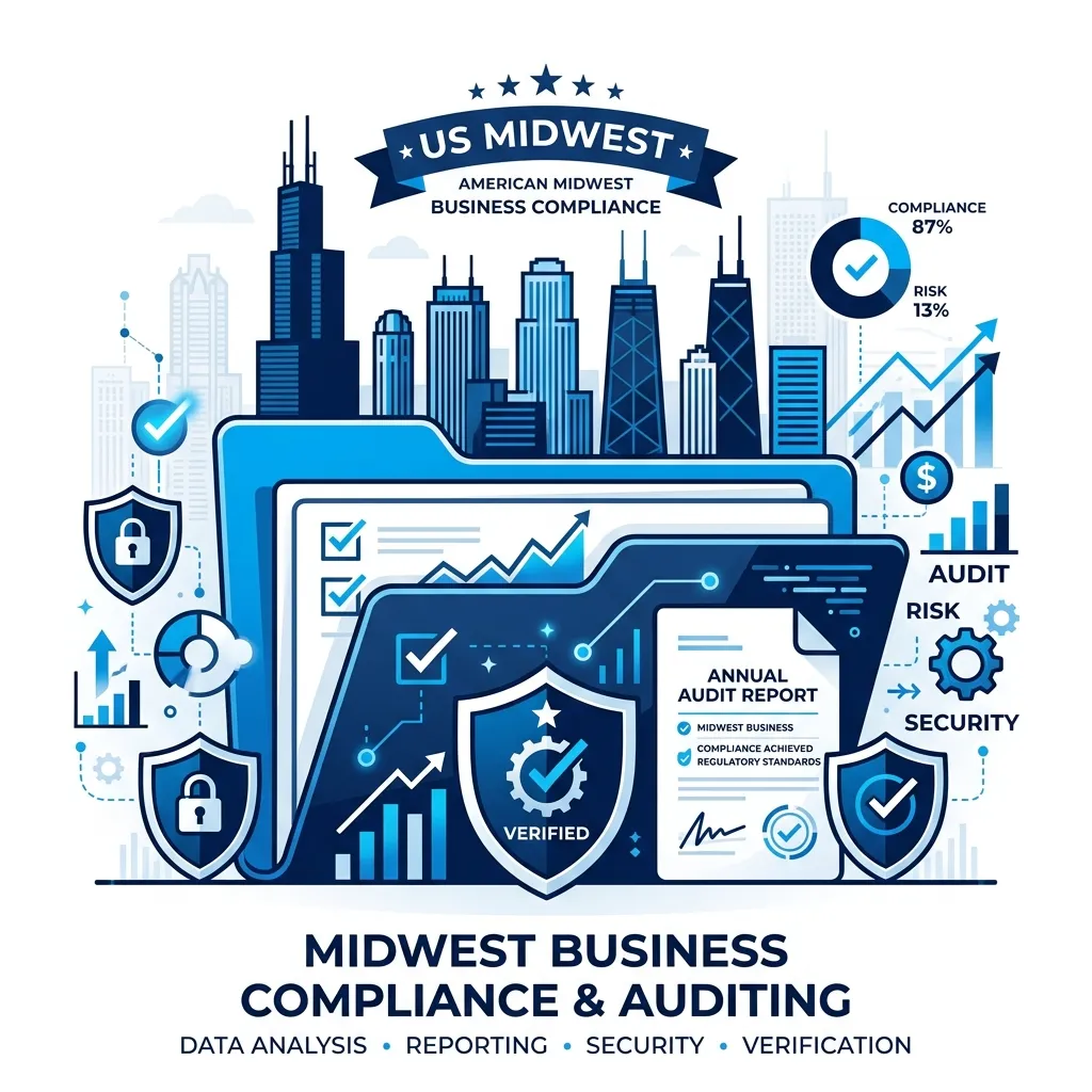 Modern illustration representing business compliance and CPA-led auditing across Illinois and the American Midwest