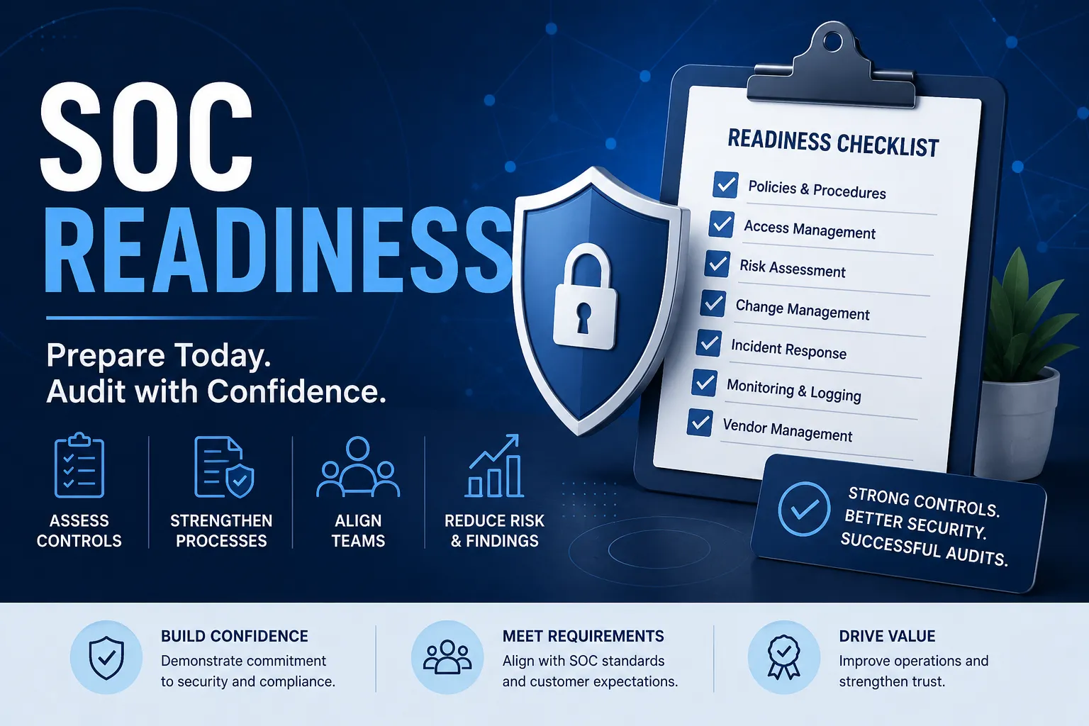 SOC readiness illustration showing compliance planning, security controls, and audit preparation concepts