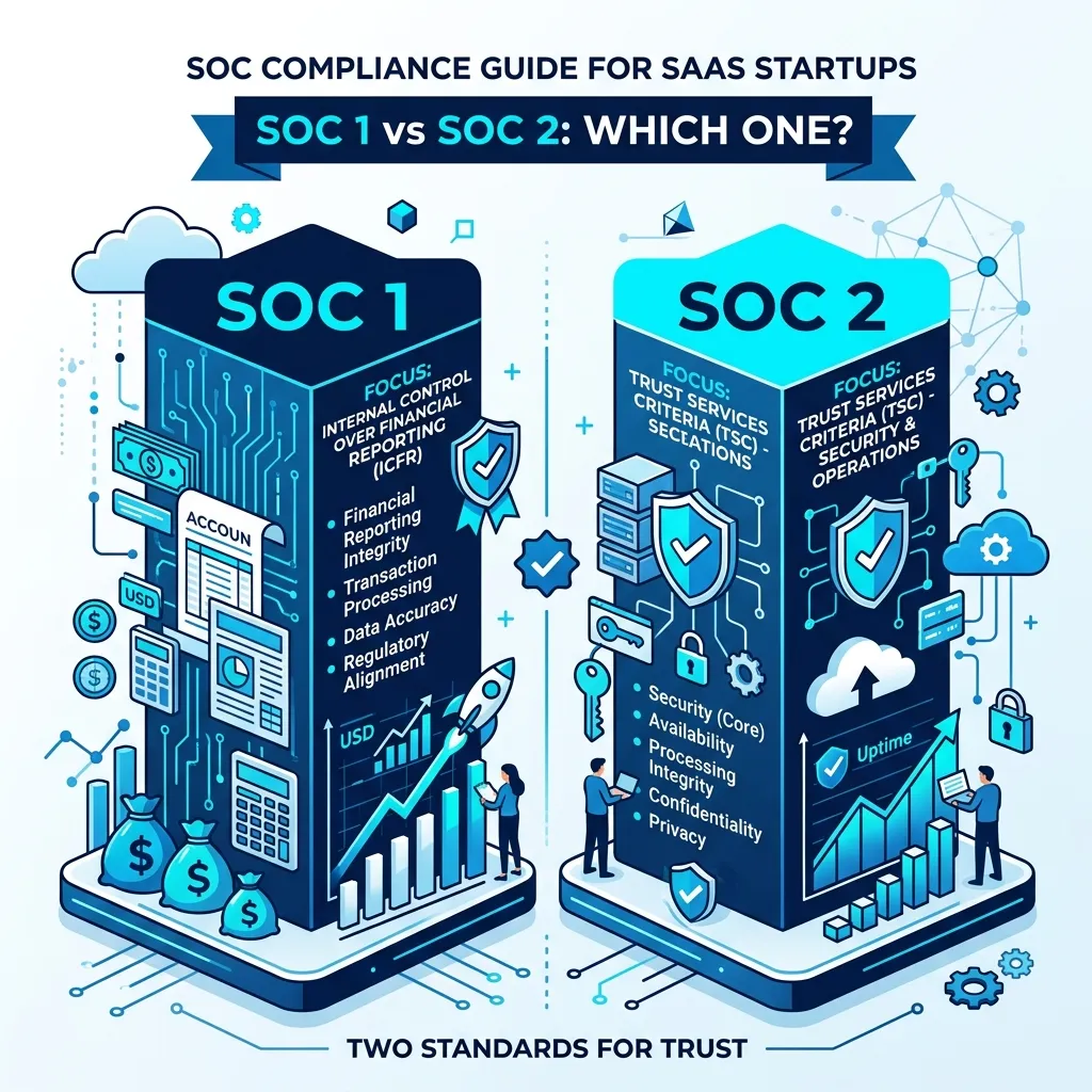 Comparative illustration representing differences between SOC 1 financial reporting and SOC 2 security compliance frameworks for SaaS startups