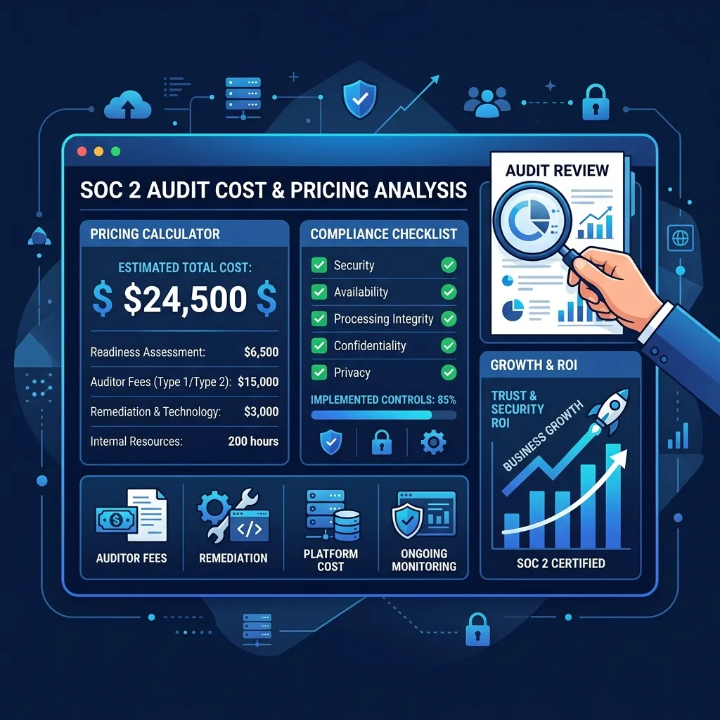 Dashboard illustration representing financial budgeting and cost structure of a SOC 2 compliance audit