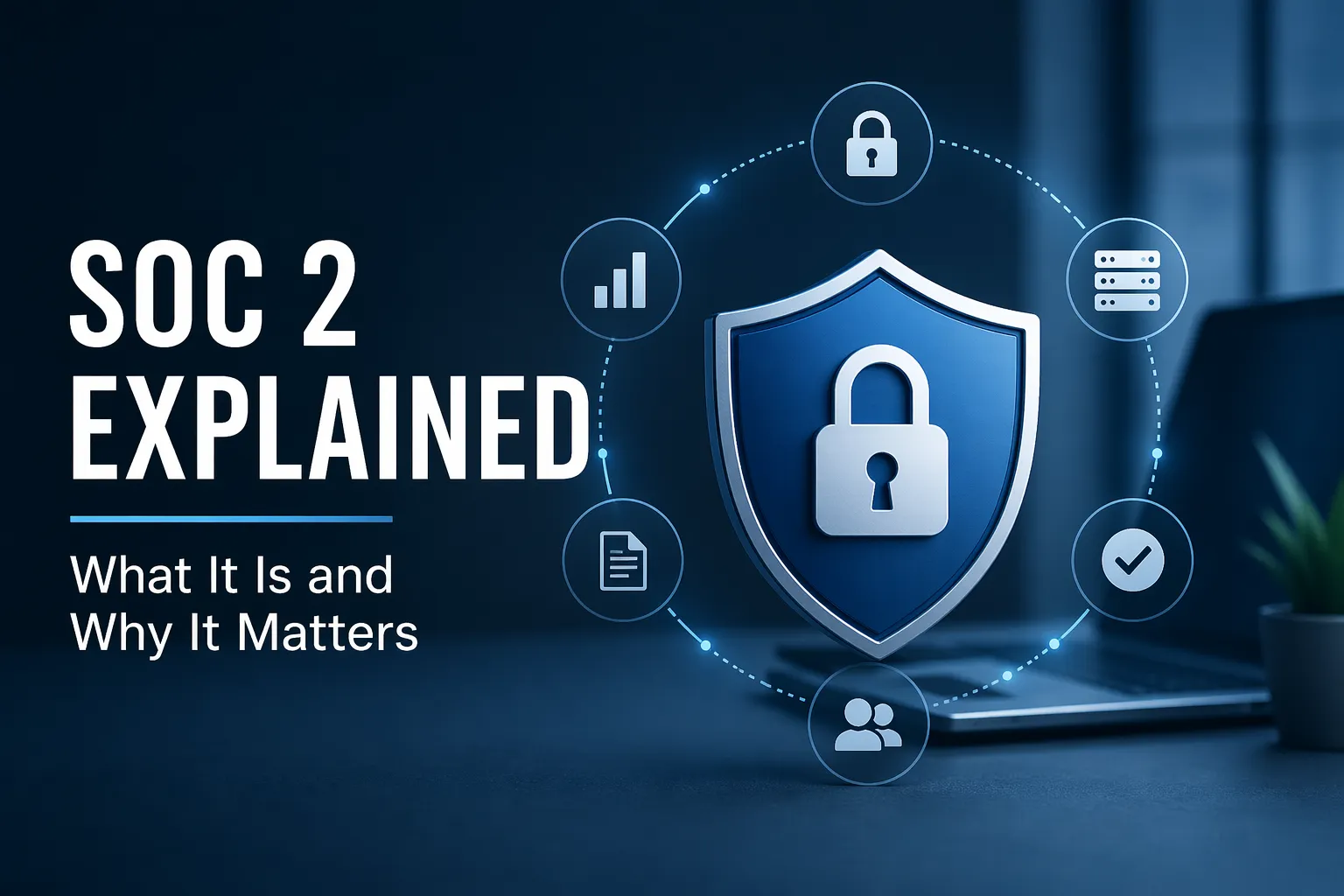 SOC 2 explained illustration with a security shield and compliance icons representing data protection and audit controls